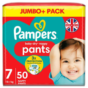Pampers Baby Dry Nappy Pants Jumbo+ Pack Nappies Size 7, 17kg+ x50