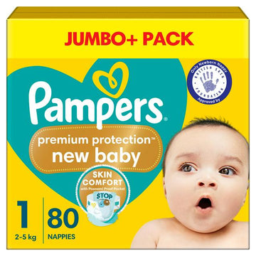 Pampers New Baby Size 1 Jumbo+ Pack, 2kg-5kg 80 Nappies