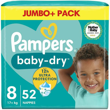 Pampers Baby-Dry Size 8, 52 Nappies, 17+kg, Jumbo+ Pack
