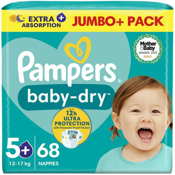 Pampers Baby Dry Jumbo+ Pack Nappies Size 5+, 12kg-17kg x68