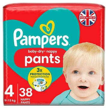Pampers Baby Dry Nappy Pants Essential Pack Nappies Size 4, 9kg-15kg x38