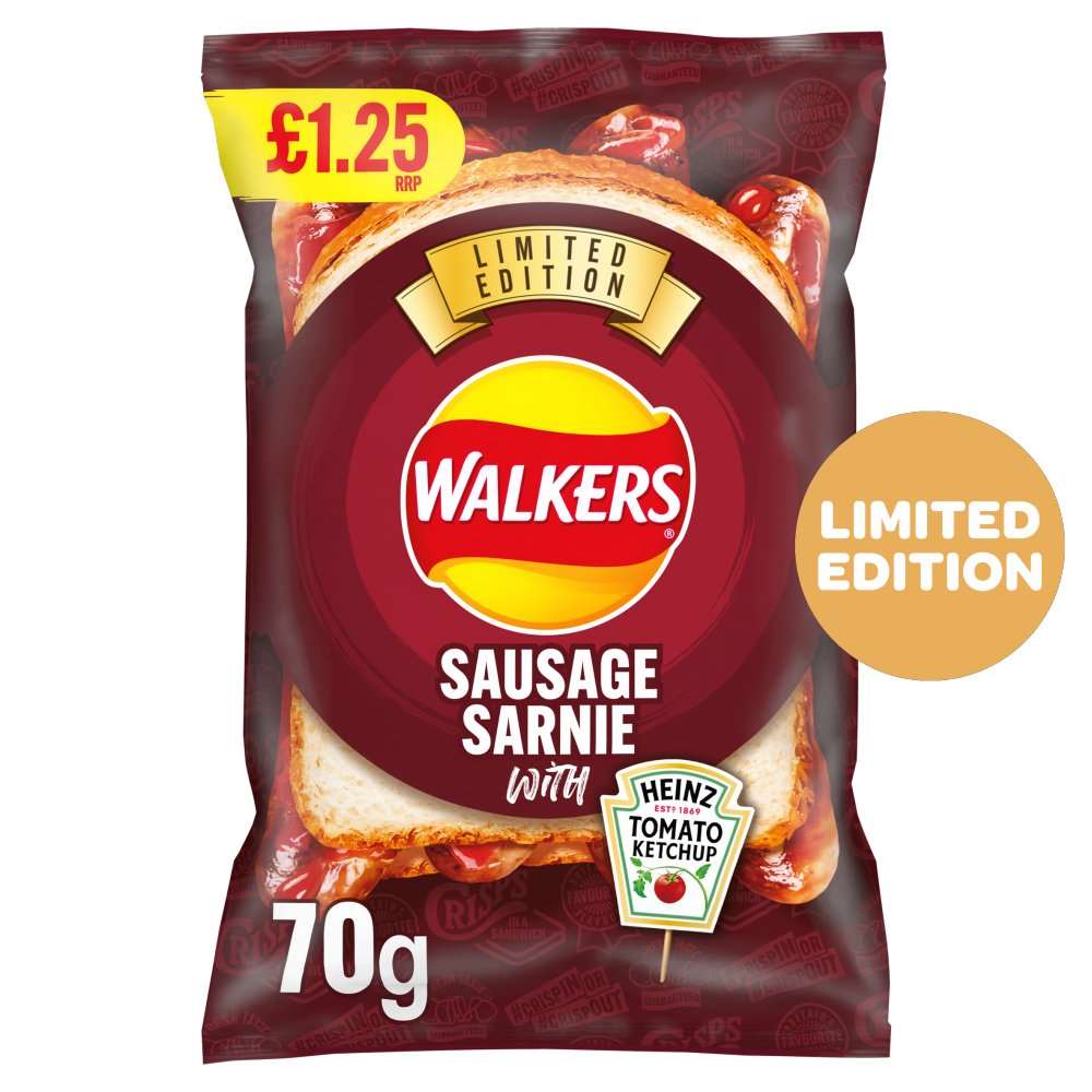 Walkers Sausage Sarnie with Heinz Tomato Ketchup Sharing Bag Crisps PMP 70g PMP 1 x Bag