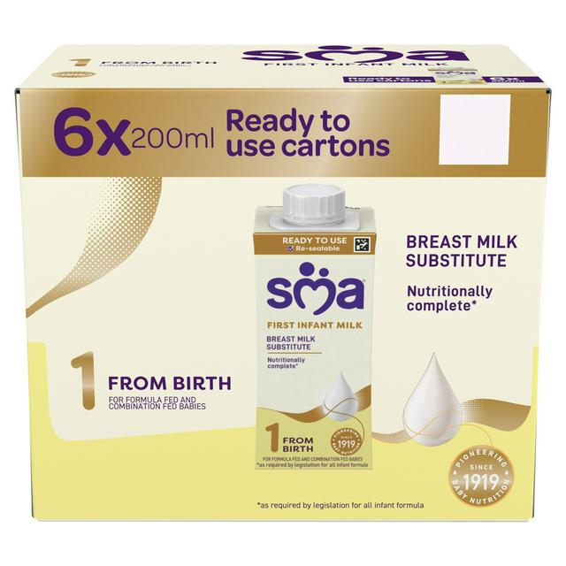 SMA First Infant Baby Milk Formula Liquid Ready to Feed From Birth 6x200ml