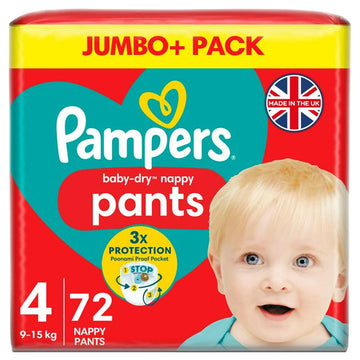 Pampers Baby Dry Nappy Pants Jumbo+ Pack Nappies Size 4, 9kg-15kg x72