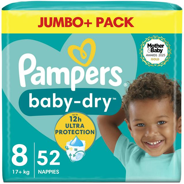 Pampers Baby-Dry Size 8, 52 Nappies, 17+kg, Jumbo+ Pack