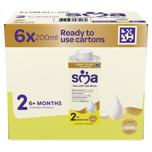 SMA Follow On Baby Milk Formula Liquid Ready to Feed 6-12 Months 6x200ml