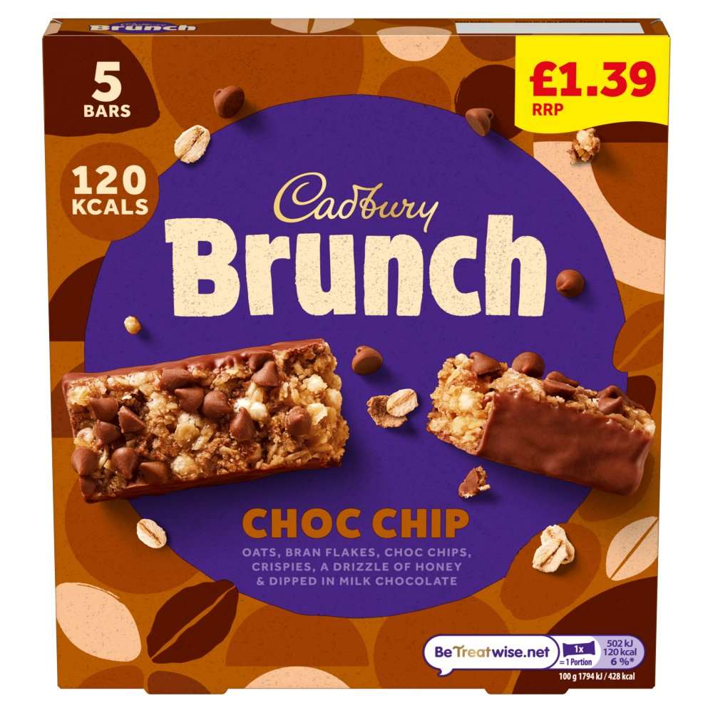 Cadbury Brunch Oats Chocolate Chip Cereal Bar Pack x5 140g PMP